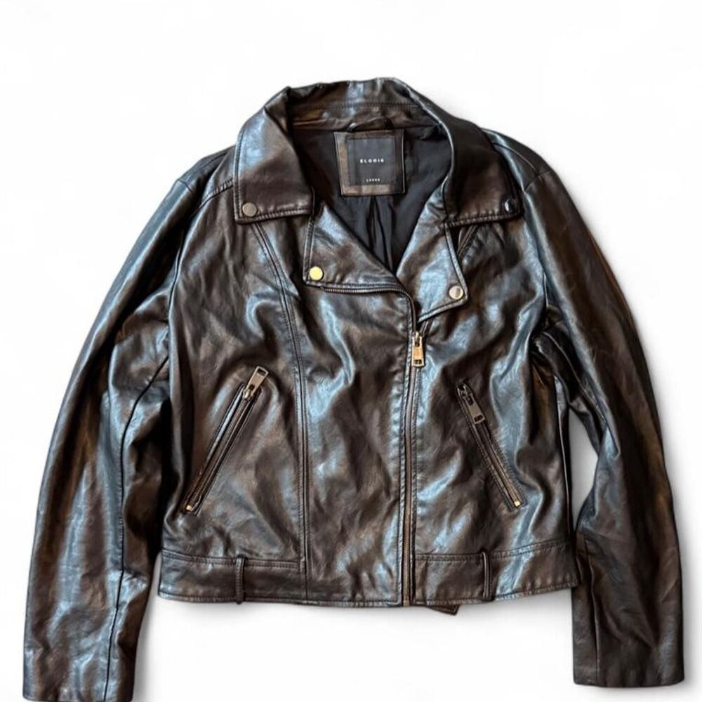 Elodie Black Faux Leather Moto Jacket Women’s Large Cropped Biker Motorcycle
